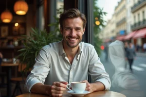 Homme discret souriant dans un café parisien, illustrant la vie privée et le quotidien intime d'une personnalité publique