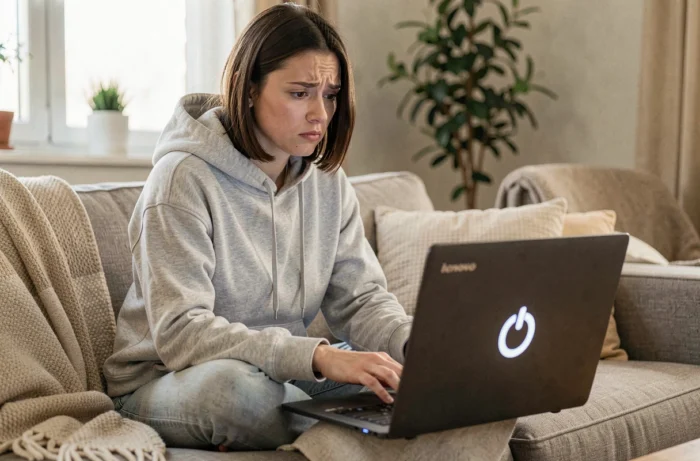 Femme perplexe regardant un ordinateur portable Lenovo avec le voyant power clignotant sur un canapé