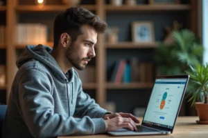 Homme utilisant un VPN sur son ordinateur portable pour accéder à des sites bloqués en France