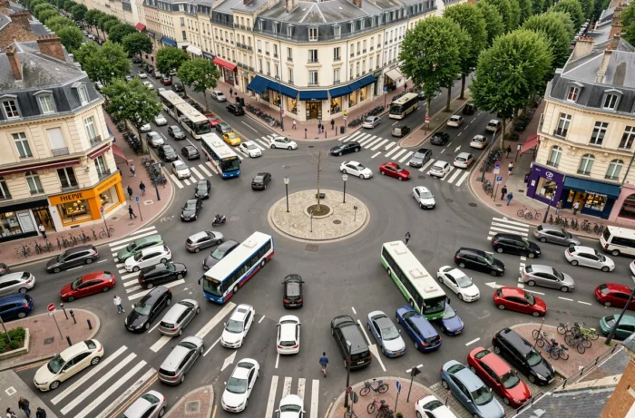 Vue aérienne d'un rond-point animé à Rennes avec circulation dense pendant les heures de pointe